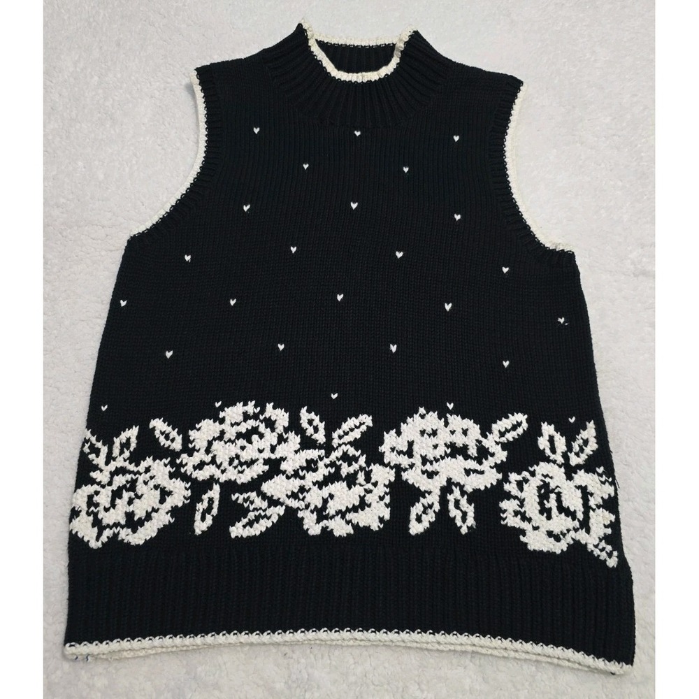 Liz Claiborne Womens Black/White Heart Rose Cottage Core Knit Sweater Vest M